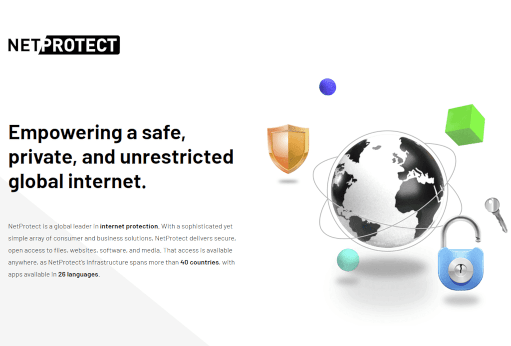 NetProtect marketing material showing graphic of a globe and a security padlock