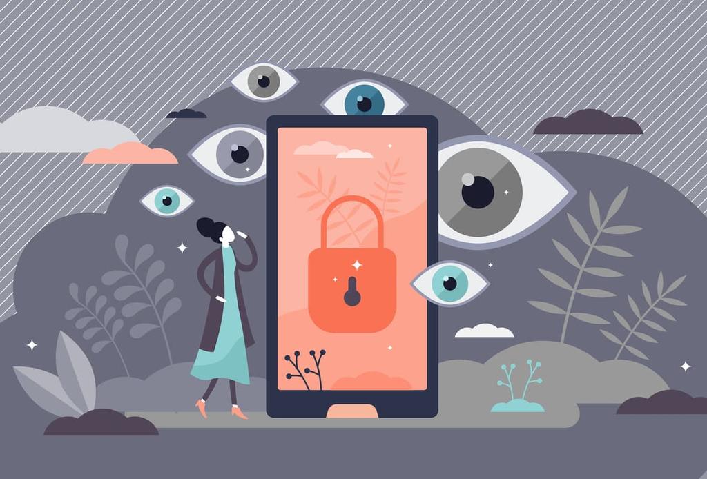 Free VPN ownership Investigation header illustration of a smartphone featuring a padlock and surrounding by watching eyes