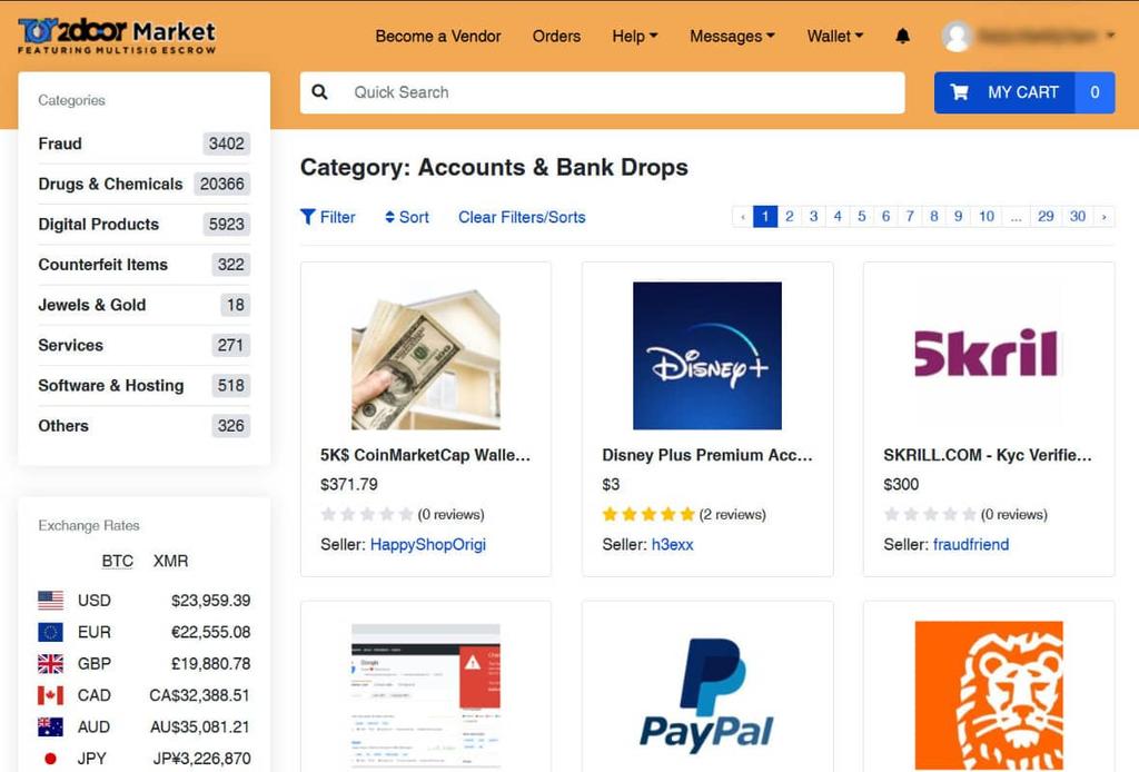 A screenshot of darknet market Tor2door showing identity theft and fraud items for sale