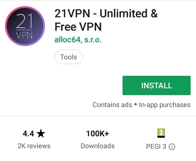 21VPN Play Store screenshot