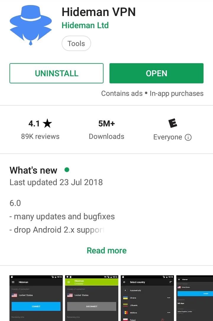Hideman Free VPN Play Store screenshot