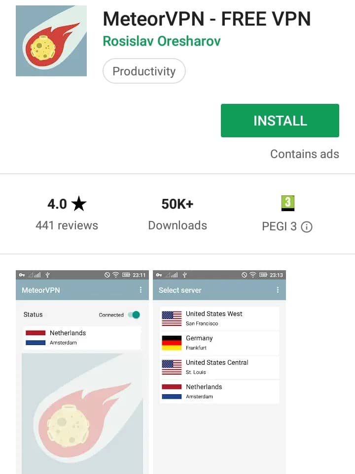 MeteorVPN Play Store screenshot