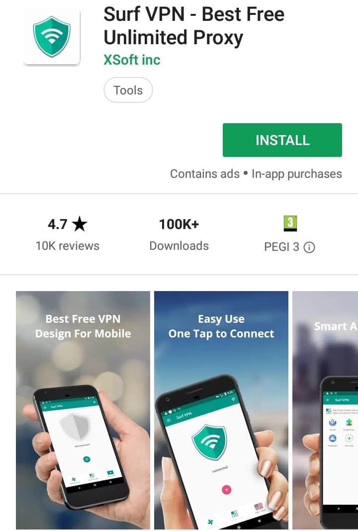 Surf VPN Play Store screenshot