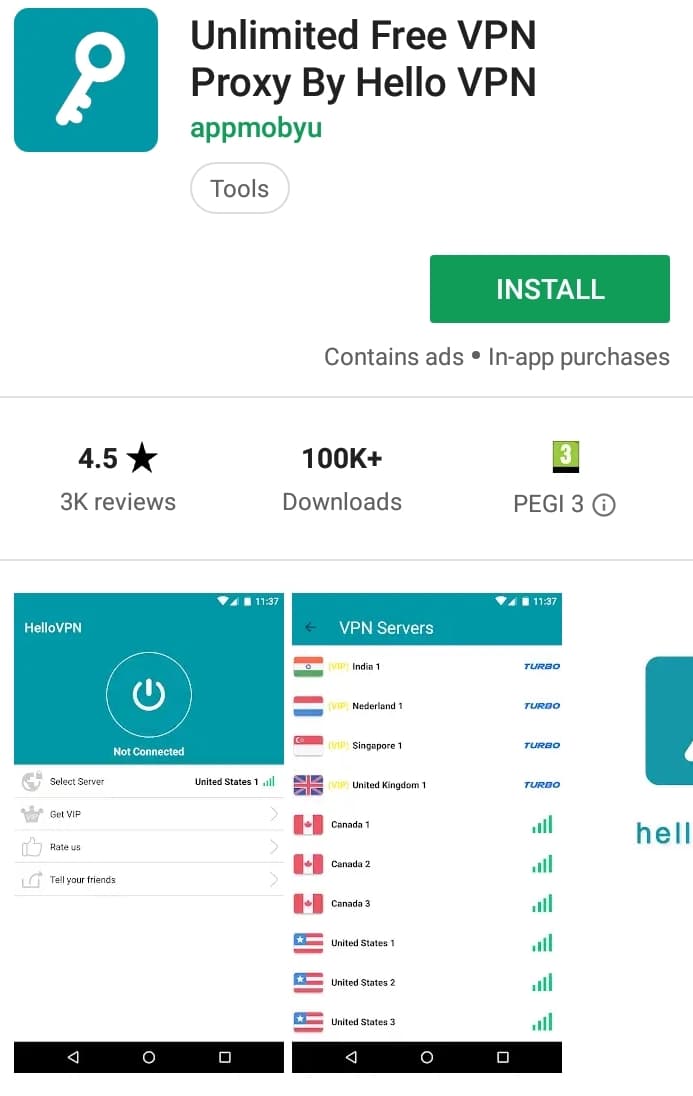 Hello VPN Play Store screenshot