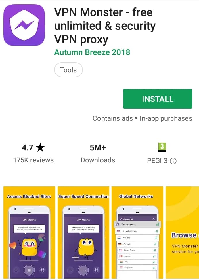 Unlimited Free VPN Monster Play Store screenshot