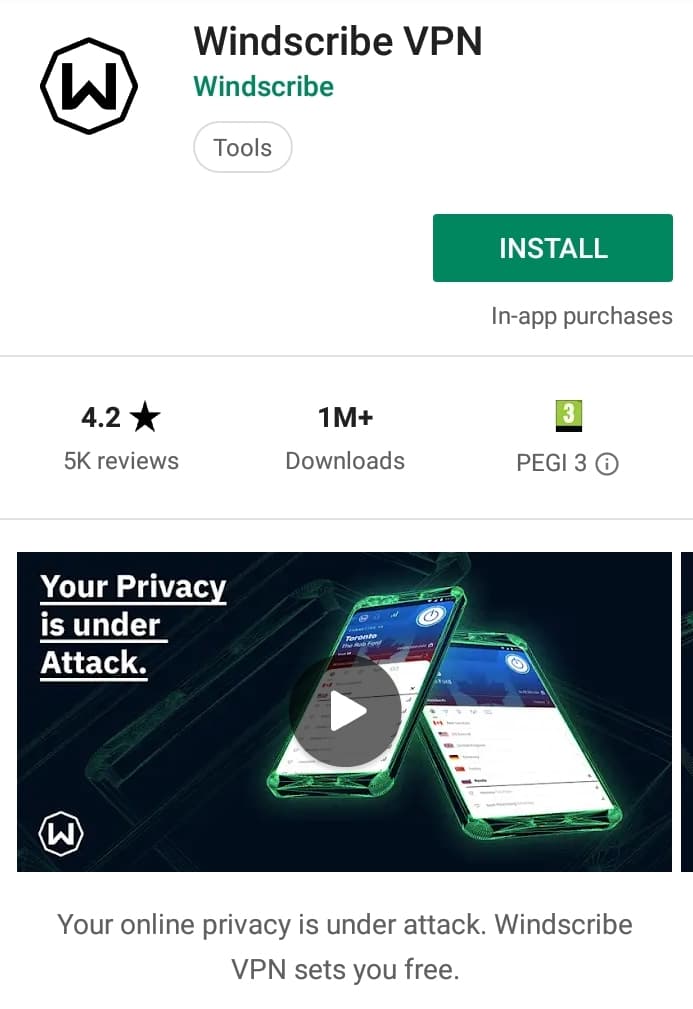 Windscribe VPN Play Store screenshot