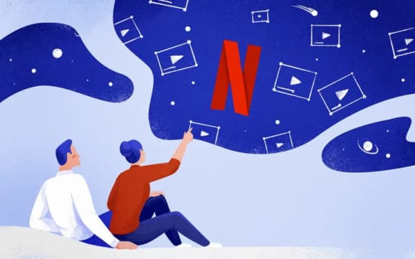 Illustration of two people gazing up at a stylized representation of the night sky filled with constellations that take the shape of video player icons and a prominent Netflix logo