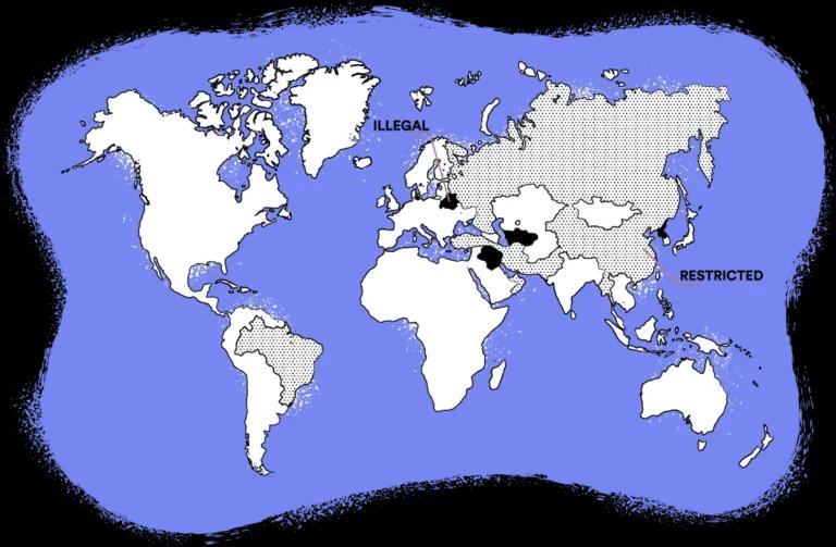 World map of where VPNs are illegal or restricted