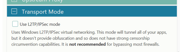 Screenshot of Psiphon Transport Mode Settings