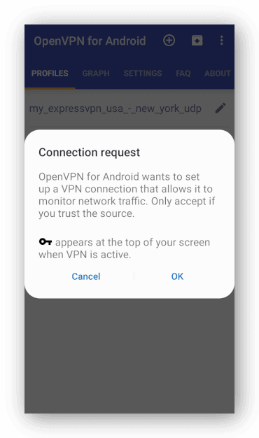 Screenshot der VPN-Verbindungsanfrage in der OpenVPN für Android App