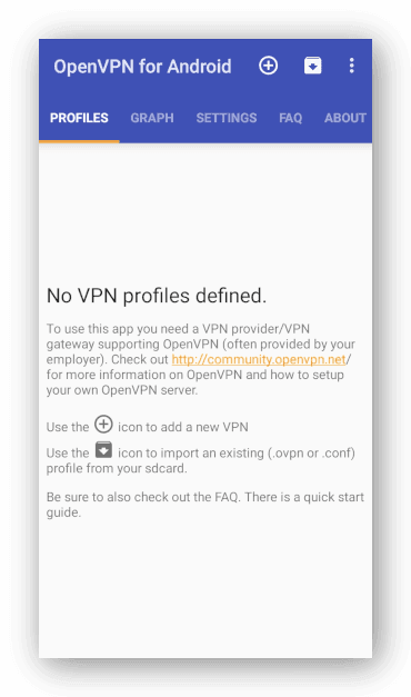 Screenshot der OpenVPN für Android App ohne VPN-Profile