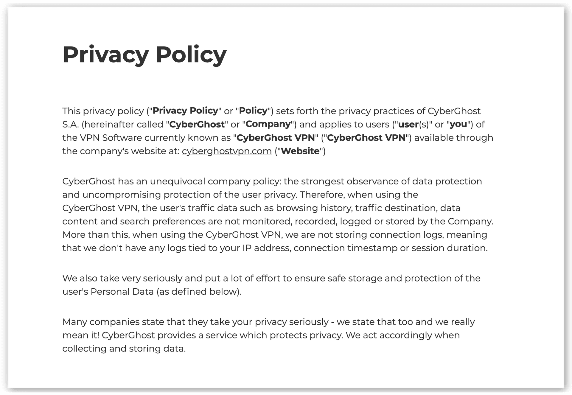 Screenshot of CyberGhost Privacy Policy