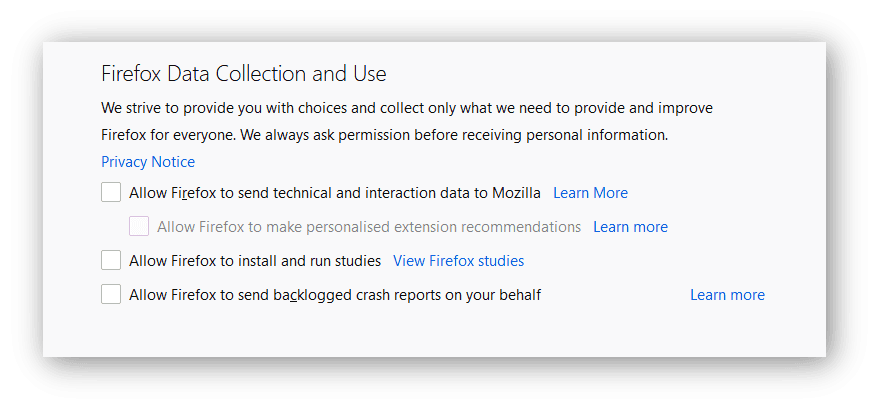 Captura de pantalla de los ajustes de telemetría de Firefox.