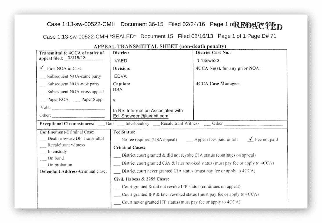 Captura de pantalla de los archivos del caso Lavabit publicados por el FBI