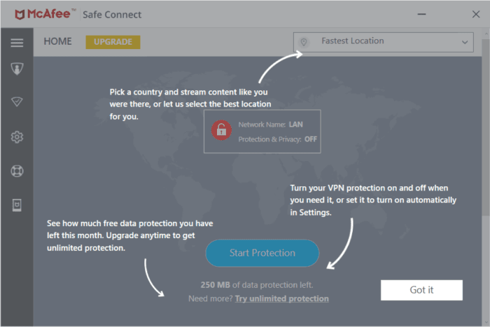 Pantalla de introducción de McAfee Safe Connect