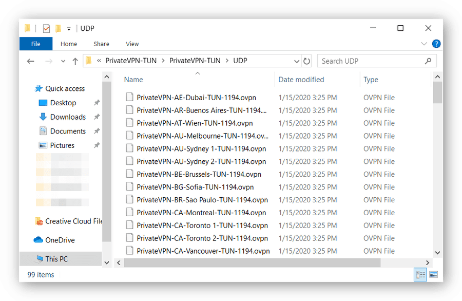 Screenshot der entpackten PrivateVPN OpenVPN Konfigurationsdateien