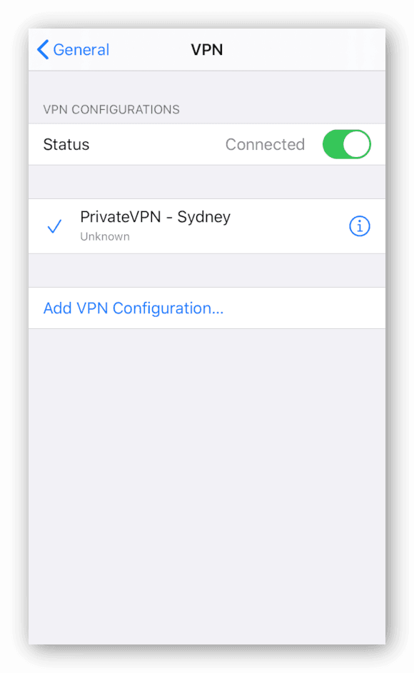 Screenshot des in iOS integrierten VPN-Clients, der mit dem PrivateVPN-Server verbunden ist