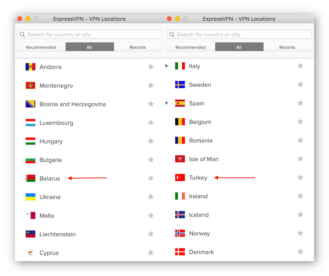 ExpressVPN possède des serveurs en Turquie et au Belarus, deux pays où les VPN sont illégaux ou soumis à des restrictions.