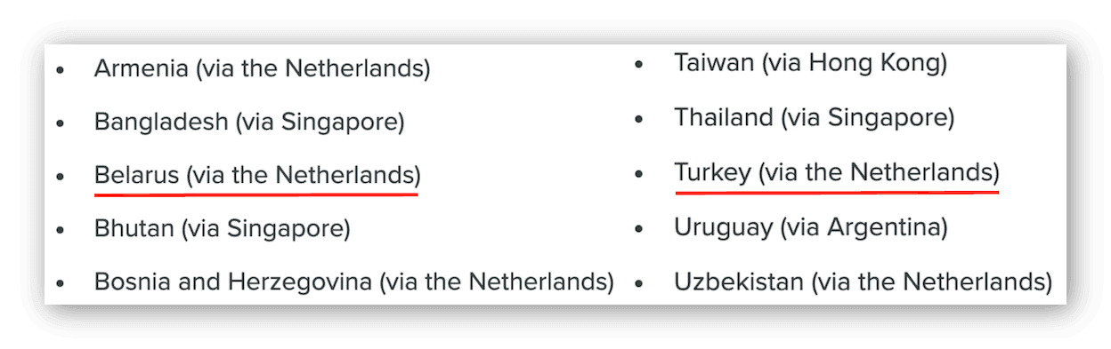 Skärmbild av några av de virtuella serverplatser som används av ExpressVPN, inklusive Belarus och Turkiet