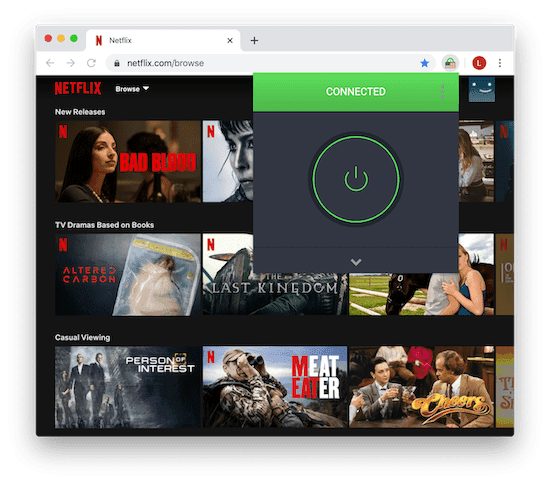 Image of PIA's Google Chrome extension successfully unblocking US Netflix.