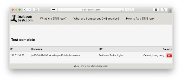 Screenshot showing Private Internet Access passed our DNS leak test.