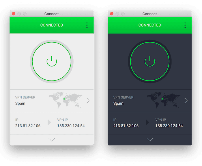 The light and dark mode available in the Private Internet Access applications.