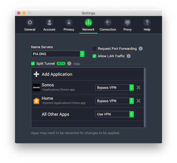 A screenshot of the split tunneling feature available in the Private Internet Access VPN app, which worked successfully in our testing. 