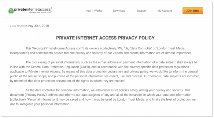 The verified no-logs privacy policy from Private Internet Access.