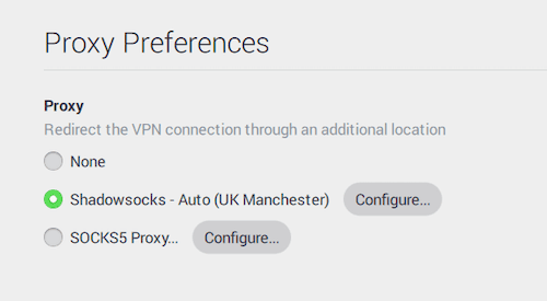 Das Bild zeigt die anpassbaren Proxy-Einstellungen, die in der PIA-App verfügbar sind, einschließlich Shadowsocks und SOCKS5.