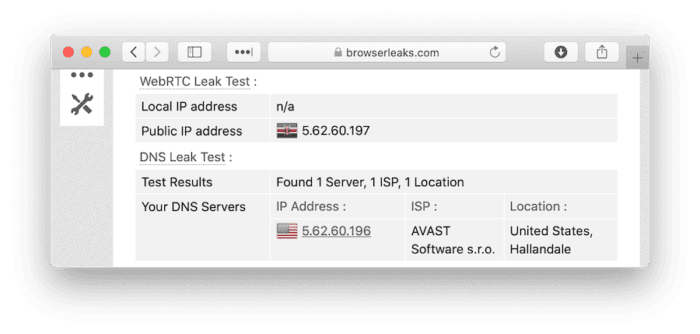 IP leak test showing HideMyAss using virtual VPN server locations