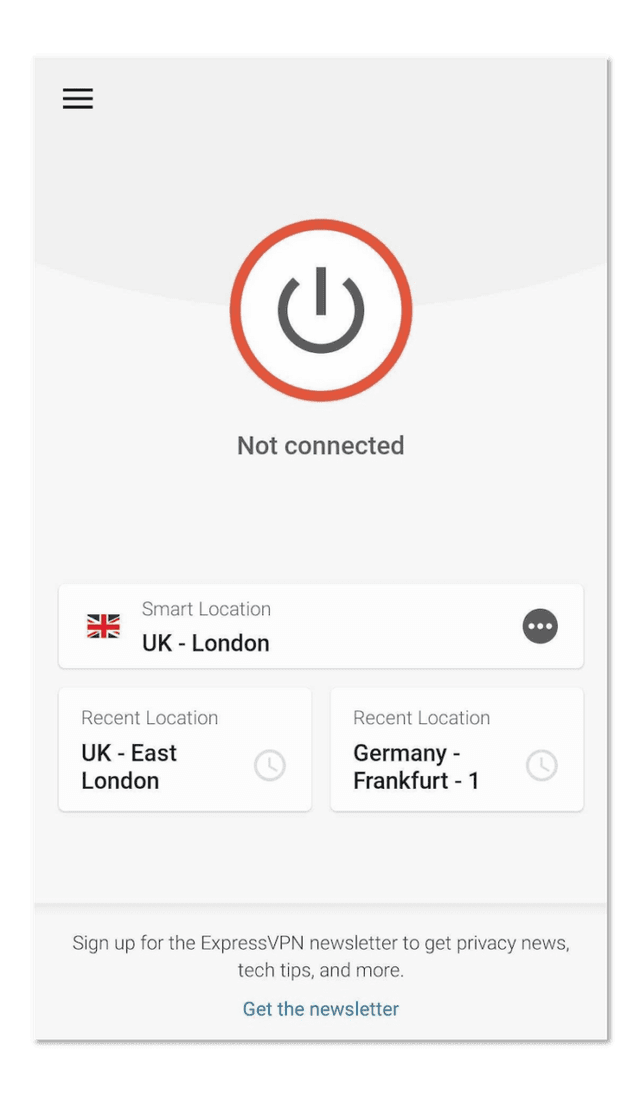 ExpressVPN homescreen on Android