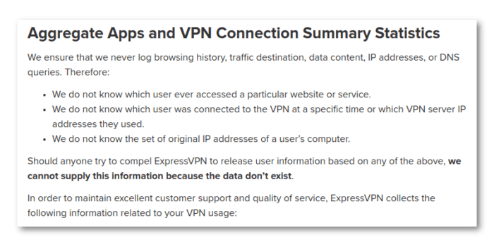 An excerpt from ExpressVPN's logging policy