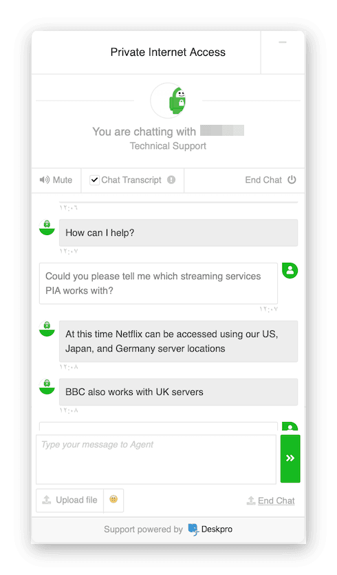 Screenshot of us receiving assistance from PIA's live chat support team.