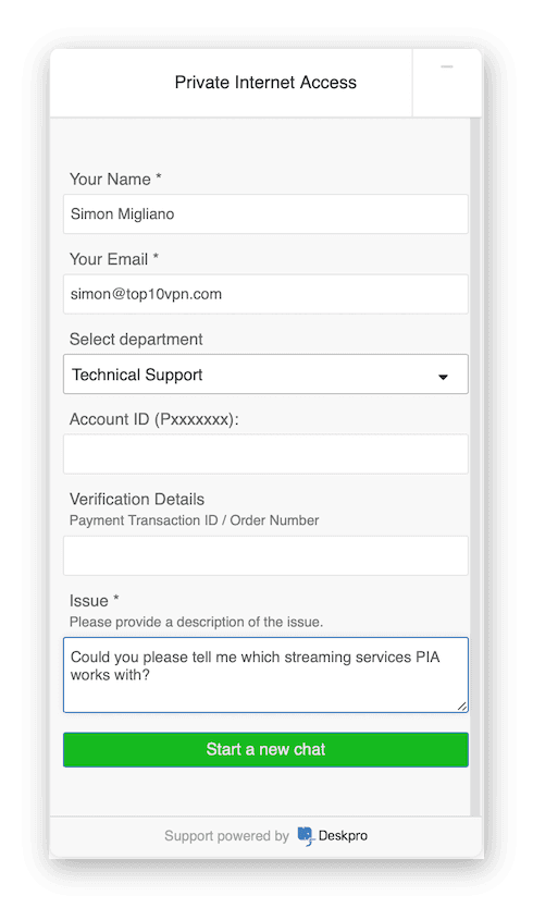 Screenshot of the verification stage of Private Internet Access' customer service.