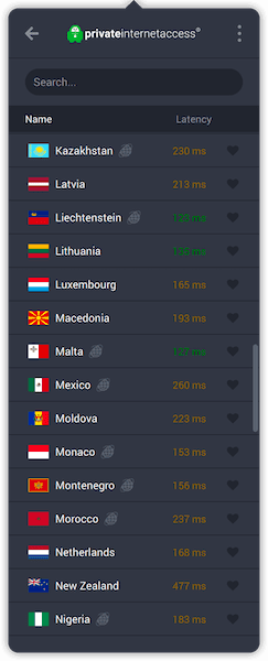 A list showing the virtual server locations in the Private Internet Access app.