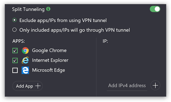 Proton VPN의 분할 터널링 설정 인터페이스