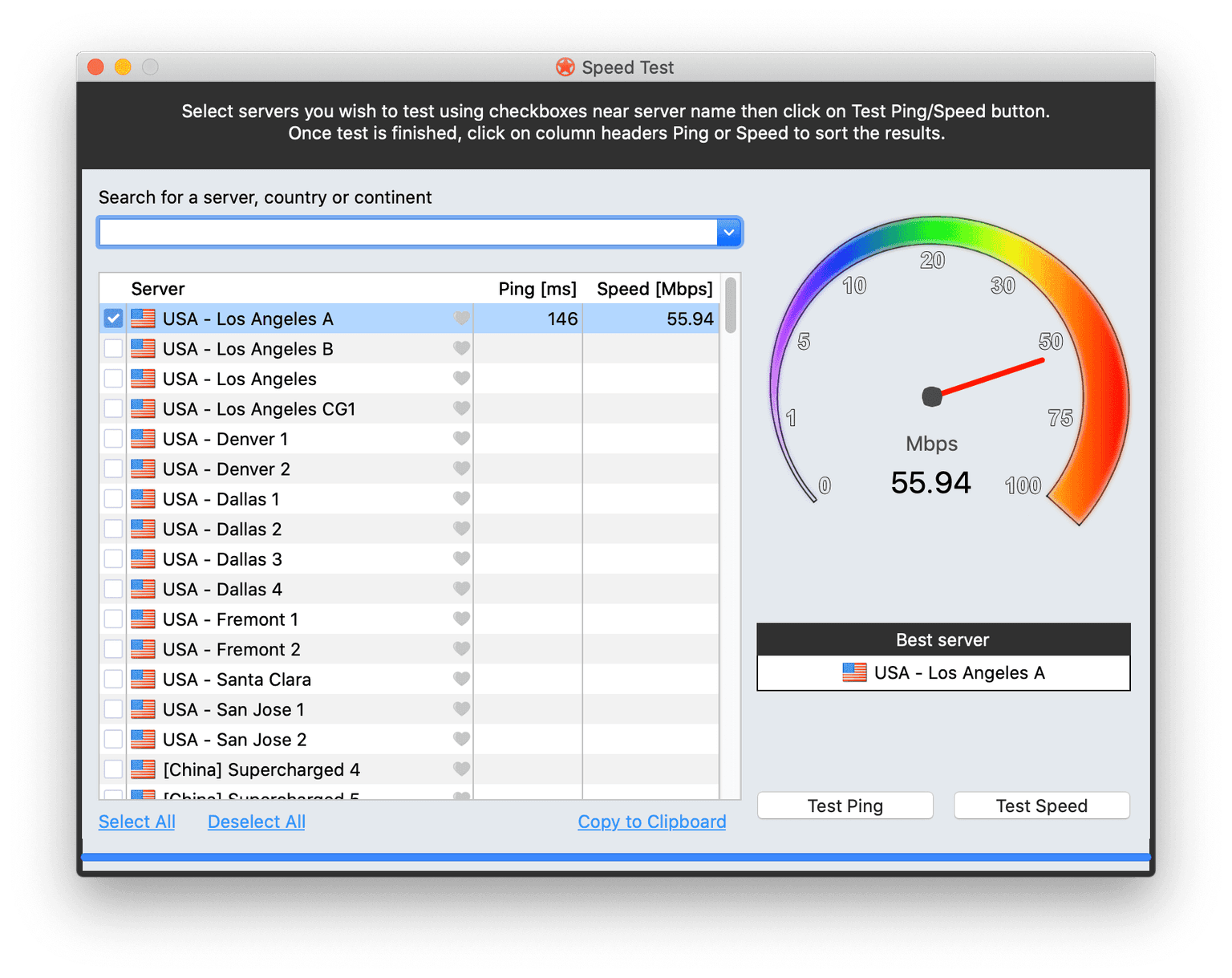 Strumento di Speed Test che effettua un test di velocità di Astrill VPN