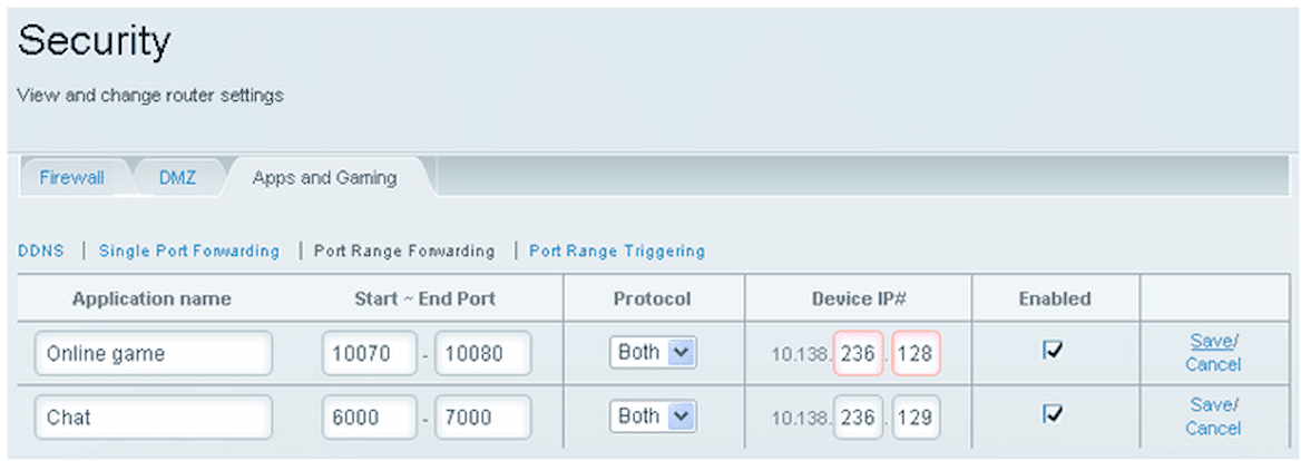 Menú de reenvío de puertos en router de Linksys