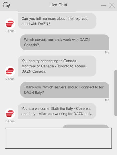 Contacting ExpressVPN's customer support to find a working DAZN Canada server