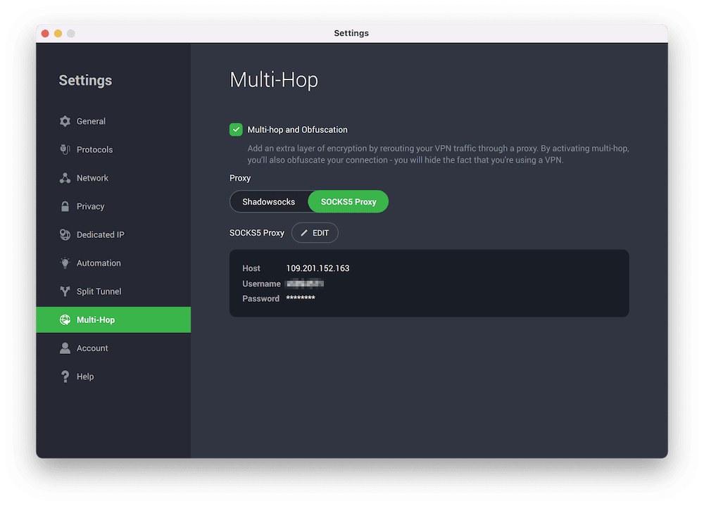 PIA VPN's macOS SOCKS5 menu