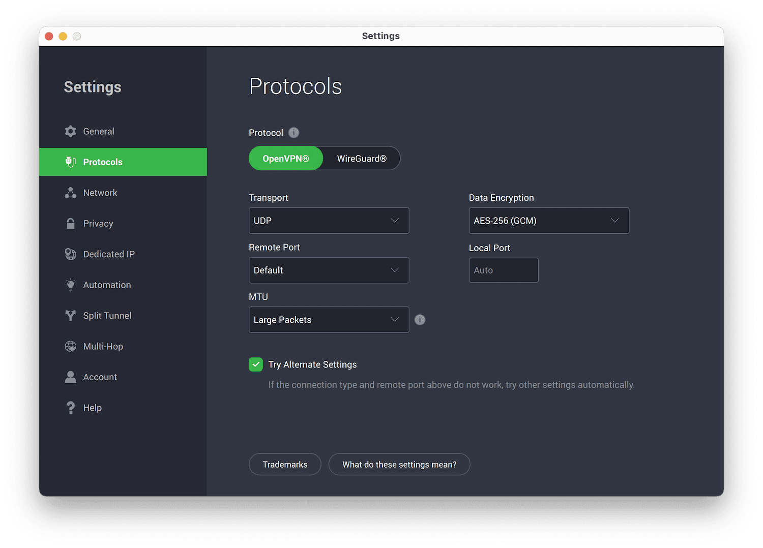 PIA's setting menu on macOS