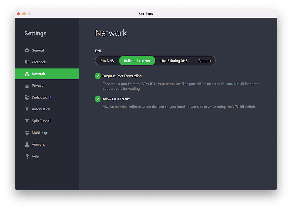 The port forwarding checkbox inside the PIA VPN macOS app 