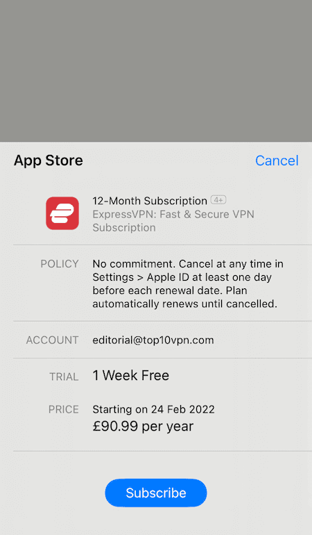 Pantalla de confirmación de la prueba gratuita de ExpressVPN en iOS 