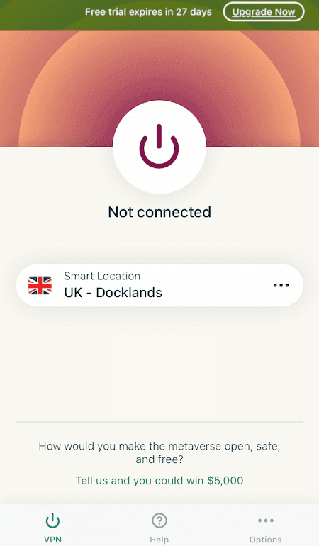 Startscherm met proefversiebanner van ExpressVPN voor iOS