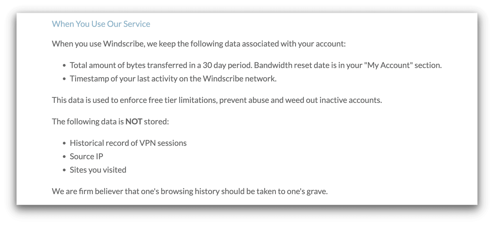 An excerpt from Windscribe VPN's logging policy