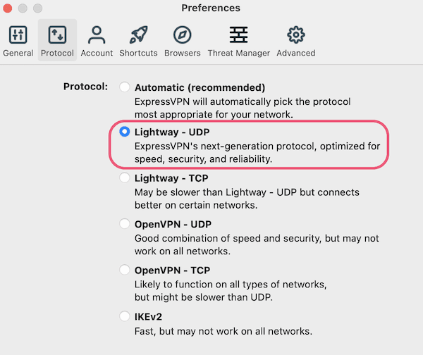 Changing to the Lightway protocol in the ExpressVPN app