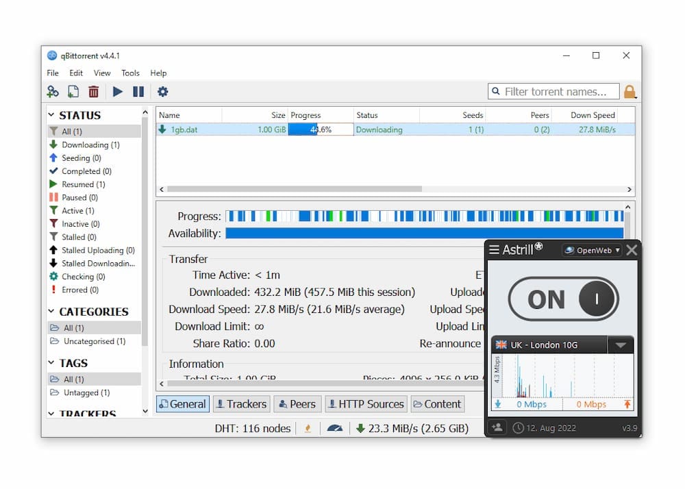 Test delle capacità di Torrenting di Astrill su qBittorrent