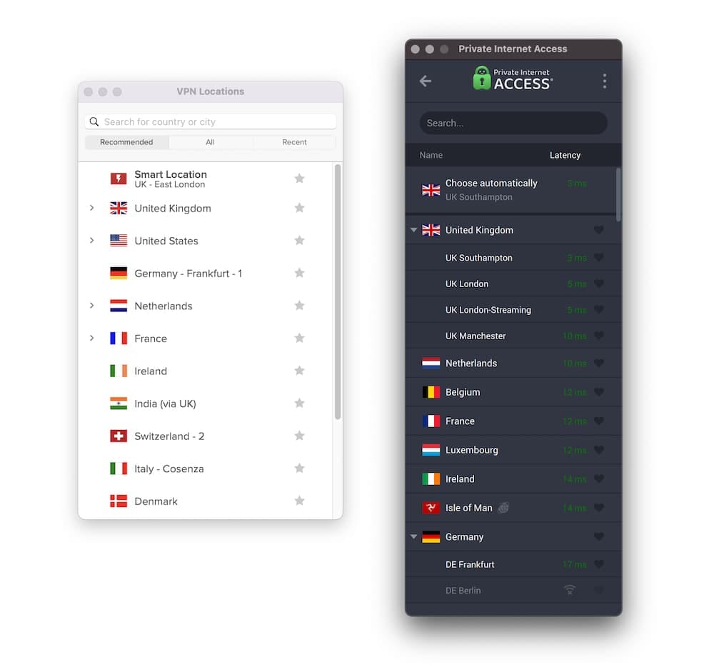 ExpressVPN vs PIA Server Menus