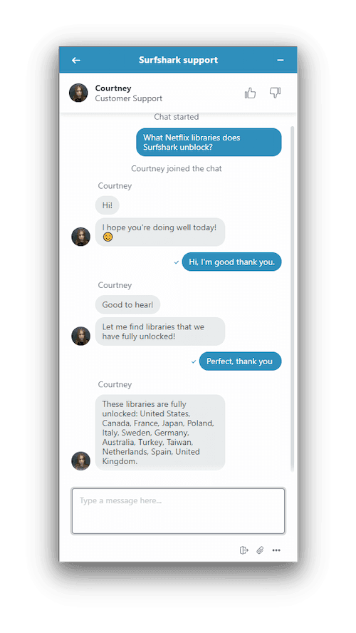 Chat de atención al cliente de Surfshark