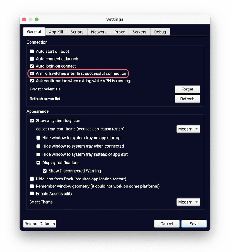 El cliente de Windows de TorGuard tiene una opción en la configuración general con el nombre «Arms killswitches when first connected» (arma Kill Switches en la primera conexión).